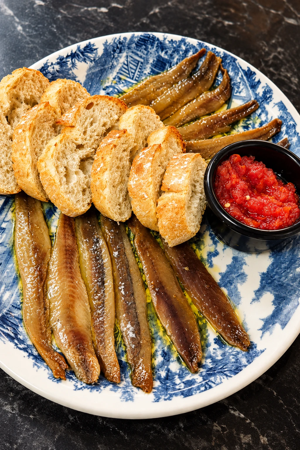 Anchoas con pan rústico y tomate Anchoas con pan rústico y tomate en El Rincón del Norte Valdemoro