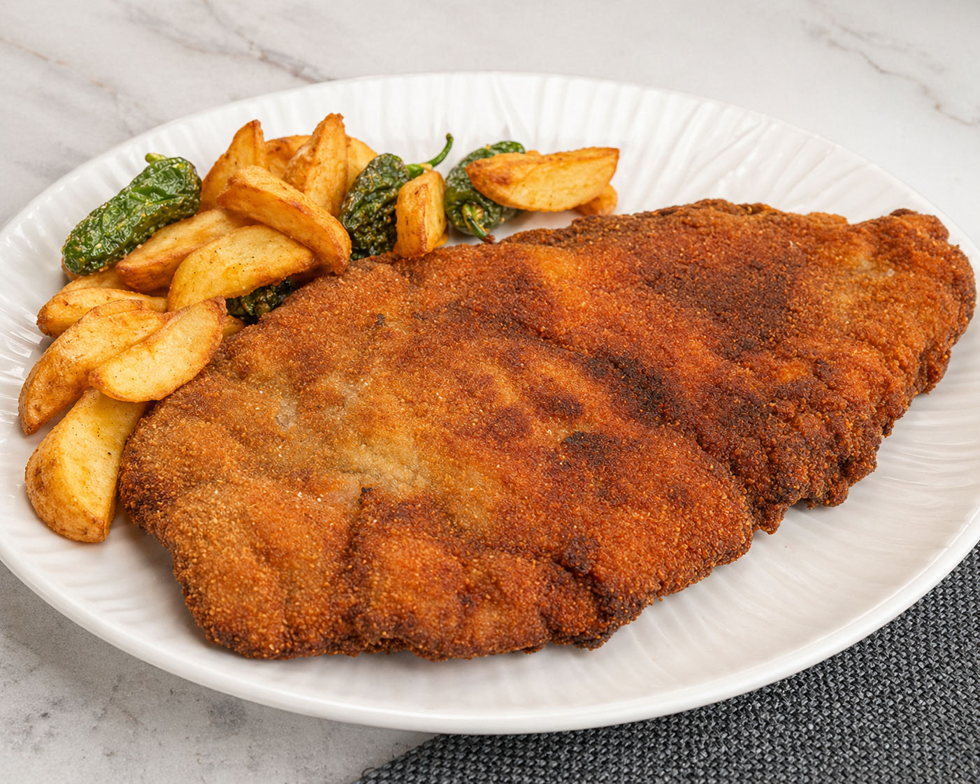 Cachopo asturiano con patatas y pimientos en El Rincón del Norte, Valdemoro